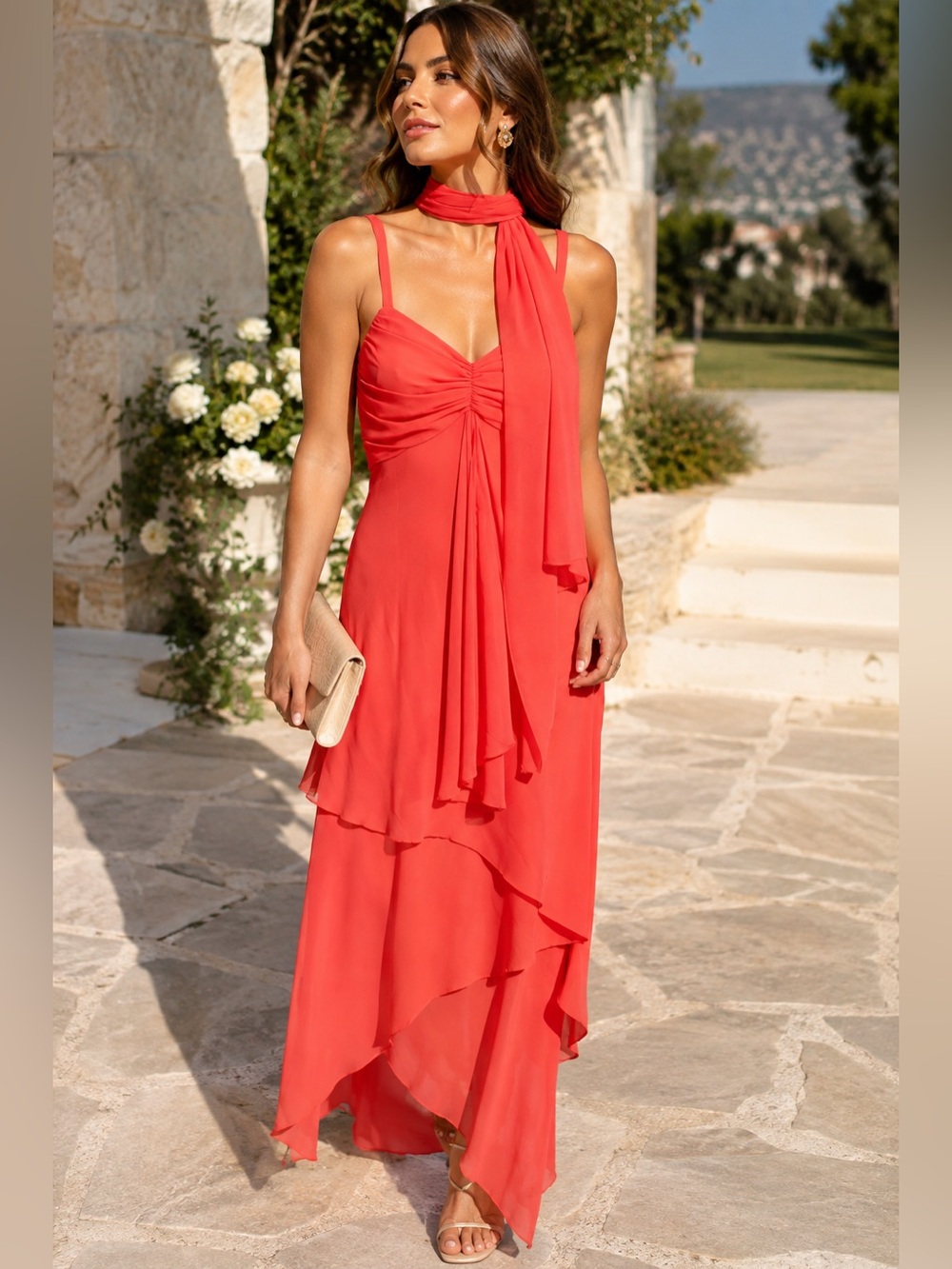 Vintage Neblon USA Coral Chiffon Ruched Maxi Dress With Neck Scarf Size Large